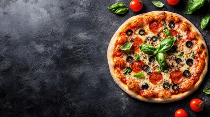 Pepperoni pizza with olives, basil, and cherry tomatoes on dark surface