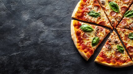 Delicious pizza with basil leaves and pepperoni slices on dark textured surface