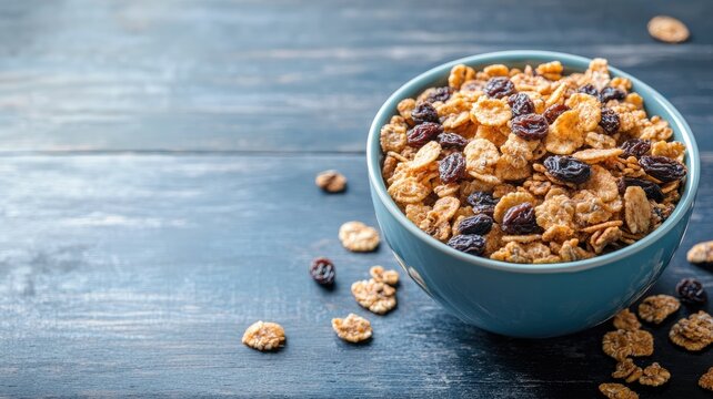 Cereal bowl with raisins on wooden table - Powered by Adobe