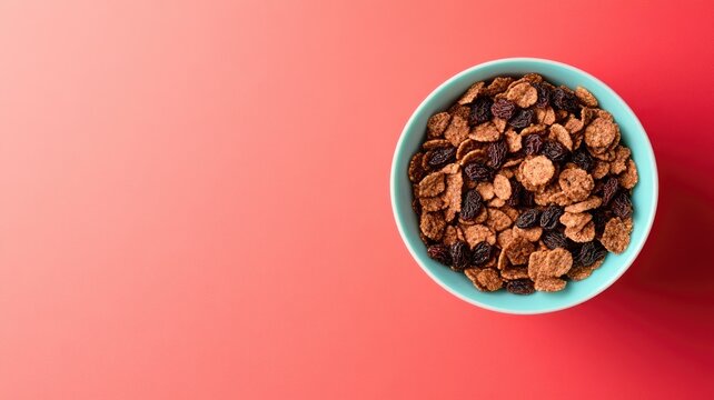 Bowl of cereal flakes with raisins on red background