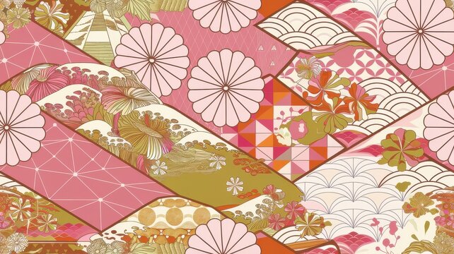 Colorful traditional Japanese pattern with floral motifs and geometric shapes.