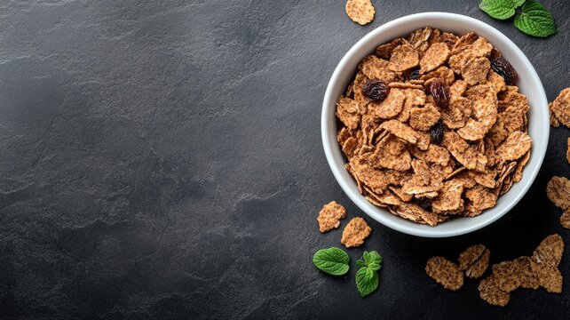 Bowl of bran flakes with raisins on dark background, garnished mint leaves