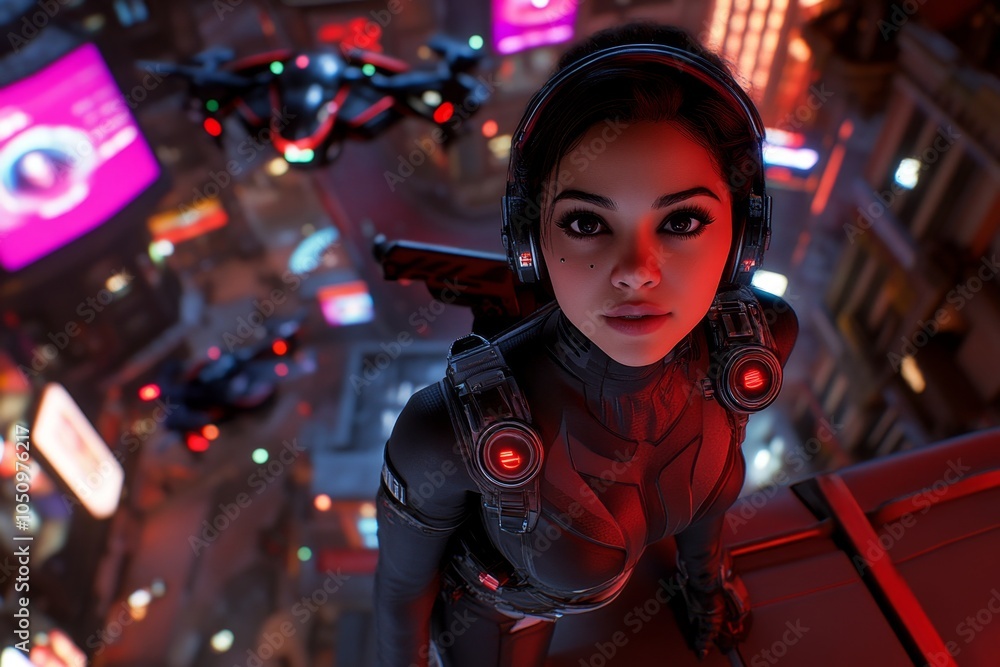 Aufkleber a cyberpunk character taking a deep breath of fresh air in a neon-lit city, standing on a rooftop wi