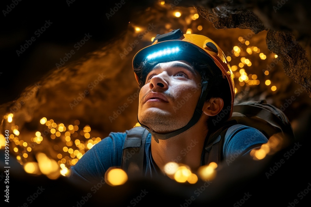 Poster a fantasy adventurer taking a deep breath before entering a magical cave, with glowing crystals and 