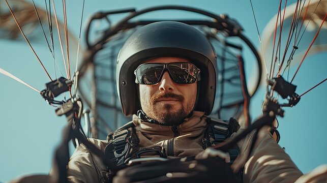 A closeup of a man flying on the paramotor 