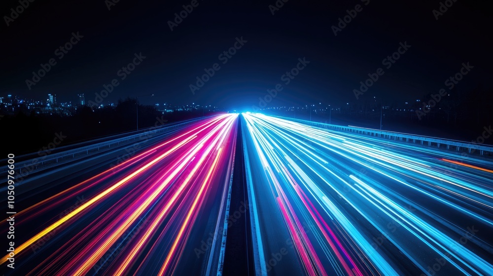 Poster a highway with streaks of light. this image portrays the idea of speed, motion, and progress.