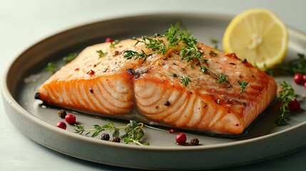 Fresh Salmon Fillet with Herbs and Lemon Slice