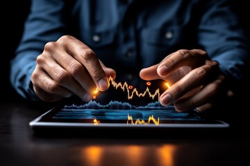 A futuristic investor analyzing holographic stock charts, with glowing graphs and financial data floating in a sleek, high-tech office