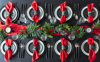 Elegant dining table with red napkins, polished silverware, and crystal glassware in a formal setting.