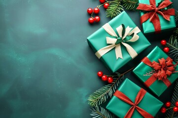 Obraz premium Festive Christmas gifts wrapped in paper with pine branches and red berries on a dark surface.