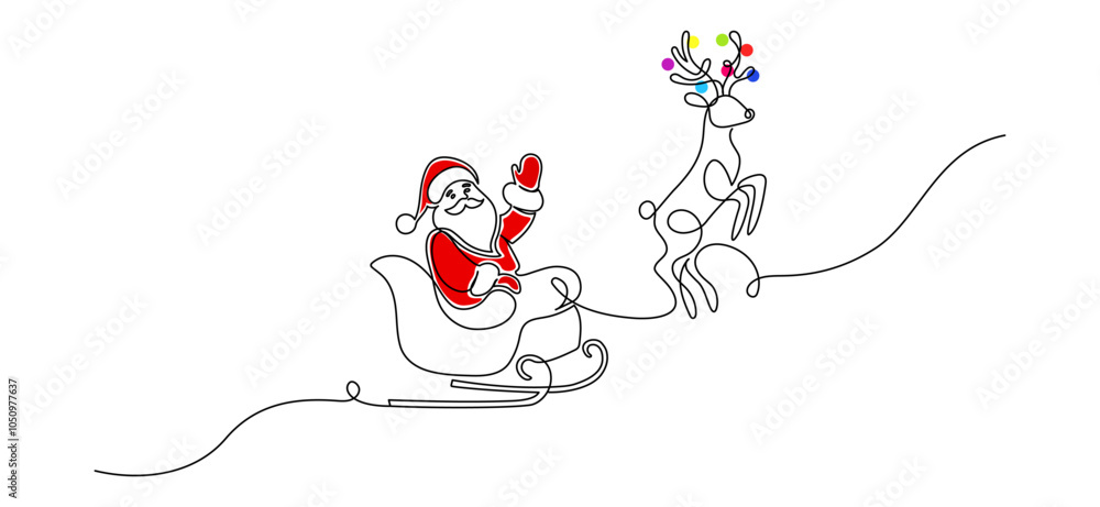 Poster one continuous line drawing of christmas reindeer and santa claus. wild animal deer with antlers is 