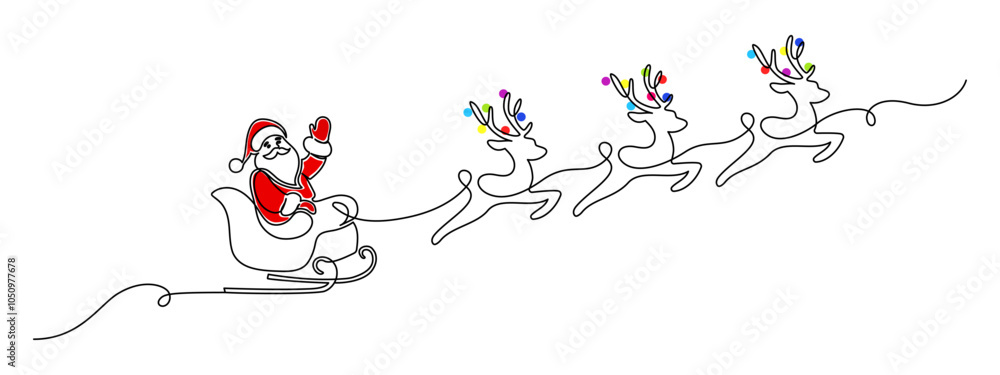 Aufkleber one continuous line drawing of christmas reindeer and santa claus. wild animal deer with antlers is 