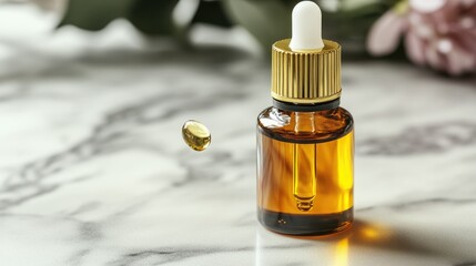 A bottle of cosmetic oil for skin care on a light marble background. 