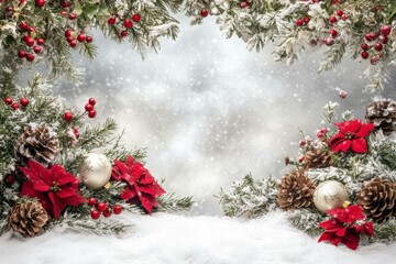 Festive Christmas wreath adorned with pine cones and red berries on a snowy white background.