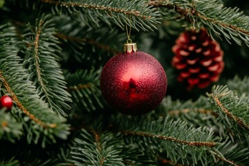 Obraz premium A vibrant red Christmas ornament hanging from a snow-dusted pine tree branch outdoors.