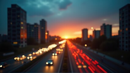 Obraz premium Blurry cityscape at sunset with glowing traffic lights and high-rise buildings silhouette. Generative, AI,