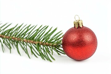 A red Christmas ornament hanging from a snow-dusted pine branch in a winter forest setting.