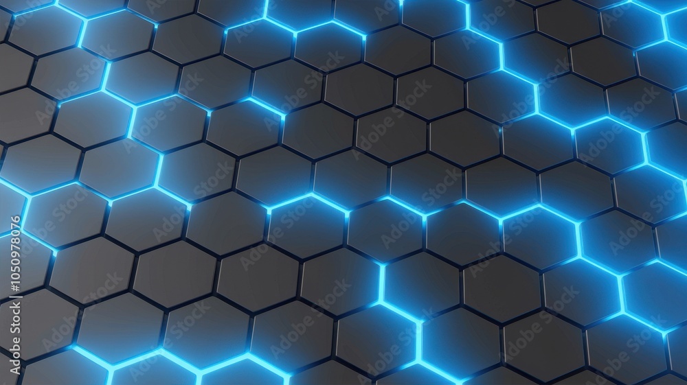 Poster futuristic hexagonal pattern with glowing blue lines on a dark surface.