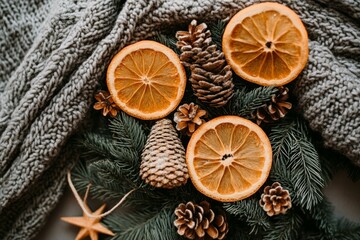 Festive Christmas tree adorned with a pile of vibrant oranges and rustic pine cones.