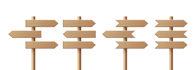 Realistic Wooden Sign Post Set. Realistic Blank Road Signboard. Plywood Pointer, Timber, Directional Sign Design Template, Front View. Vector Illustration in 3D Style
