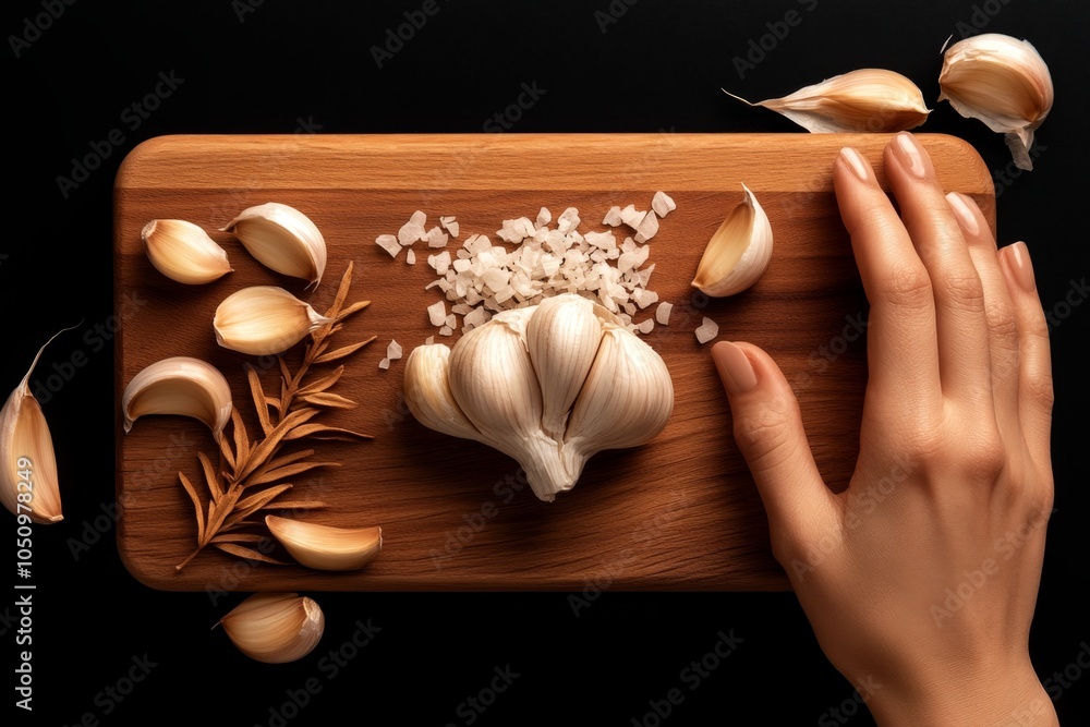 Poster a minimalist depiction of finely chopped garlic on a board, with soft curves and clean lines symboli