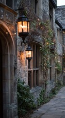 Fototapeta premium Historic stone building at night with warm exterior lighting highlighting architectural details.