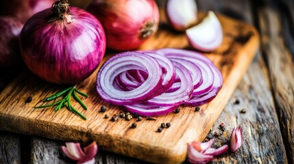 A close-up of sliced red onions on a wooden cutting board with a rustic background