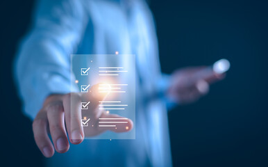 Checklist business performance monitoring concept, Business using tablet online survey filling out...