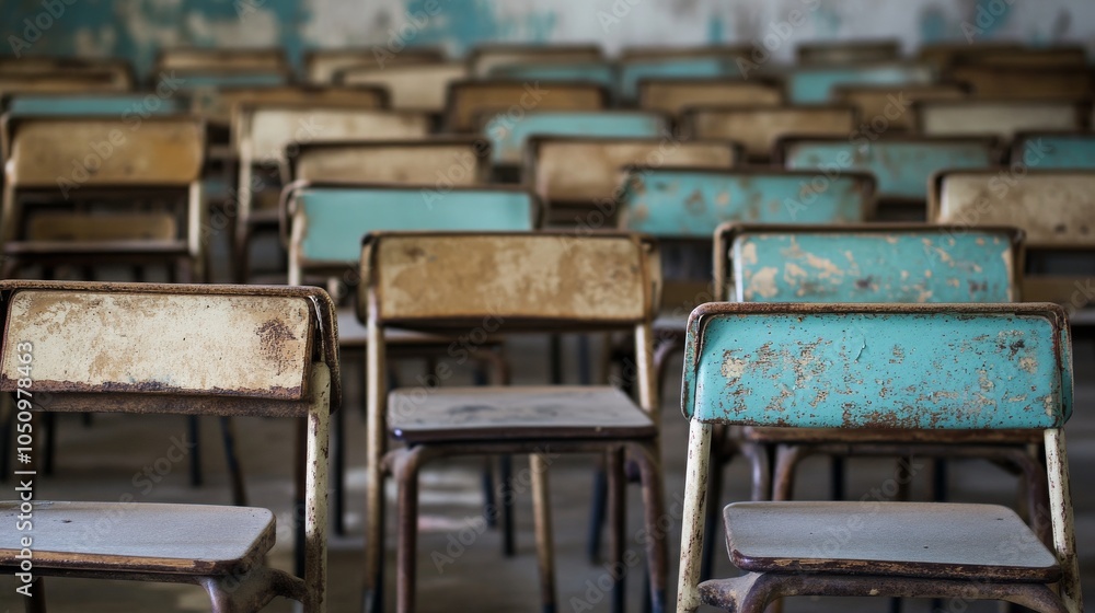 Poster rows of empty school desks in a neglected classroom, symbolizing the educational challenges in under