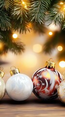 Festive Christmas ornaments with intricate designs arranged on a wooden table, casting soft shadows.