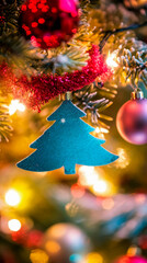 Obraz premium Decorated Christmas tree with blue ornament, surrounded by twinkling lights and festive decorations.