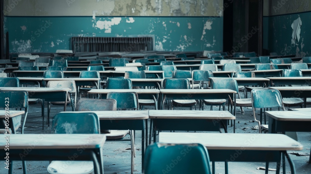 Poster rows of empty school desks in a neglected classroom, symbolizing the educational challenges in under
