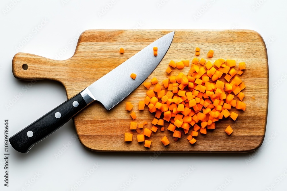 Poster a minimalist icon of a knife and cutting board with small, diced ingredients, capturing the essence 