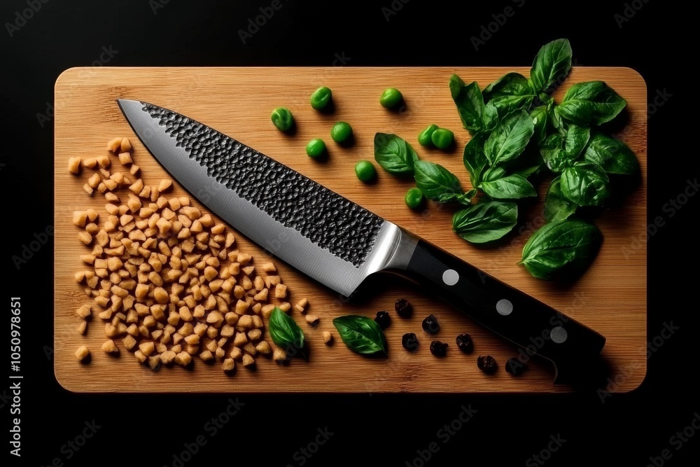 Poster a minimalist icon of a knife and cutting board with small, diced ingredients, capturing the essence 