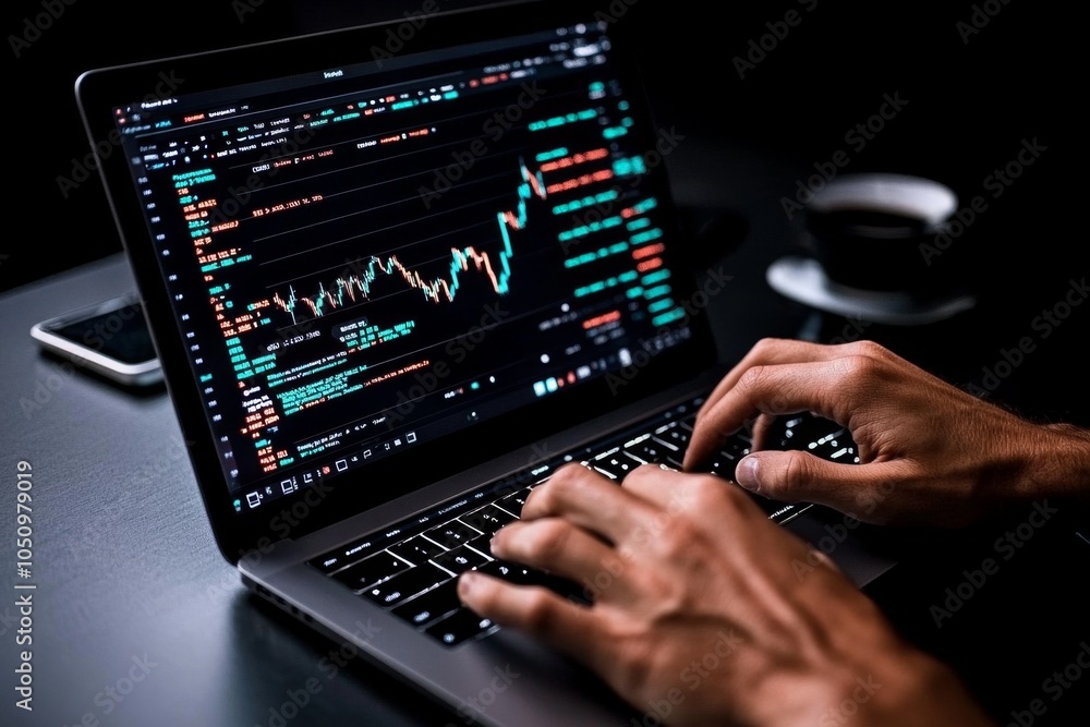 Aufkleber A person analyzing stock charts on a laptop, with graphs and numbers displayed on the screen while they plan their investment strategy
