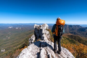 A person taking a hike along a mountain ridge, with the landscape stretching out endlessly beneath them and clear blue skies overhead
