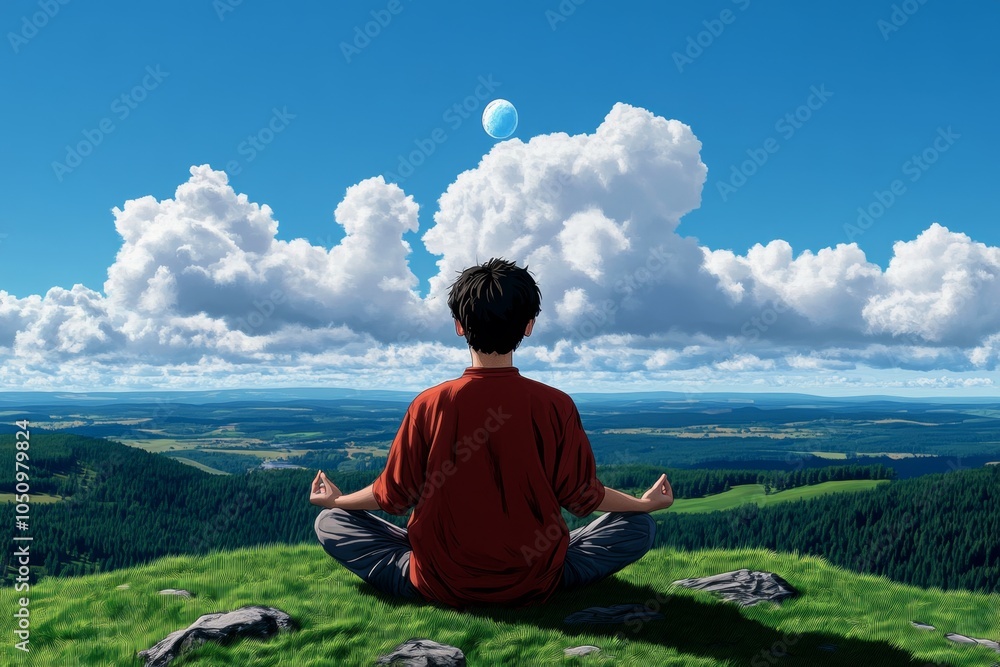 Poster a pixel art character taking a deep breath on a retro-style mountaintop, with pixelated clouds and d