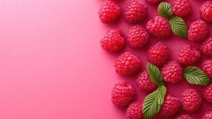 Ripe raspberries and green leaves arranged on pink surface