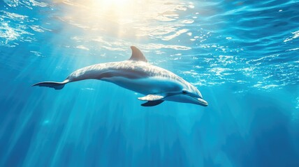 Dolphin swimming gracefully underwater with sunlight filtering through blue ocean