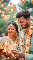 Joyful indian wedding celebration with traditional attire and vibrant decor