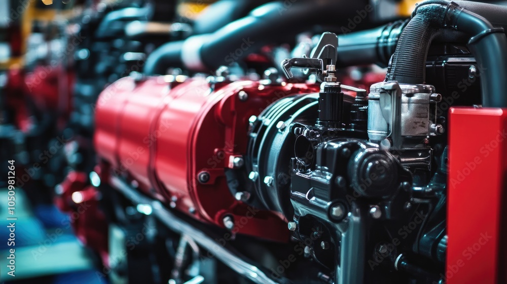 Aufkleber close-up of large, complex machinery with red and black components in factory setting