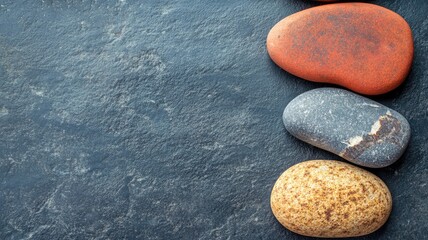 Colorful pebbles arranged on slate surface with rich textures and contrasting hues