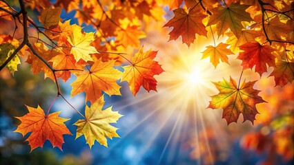 Obraz premium Vibrant autumn foliage of maple tree with sunlight in background