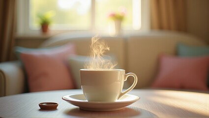 Fototapeta premium Steaming cup of coffee on a lace doily, warm light, cozy atmosphere, morning ritual. Generative, AI,