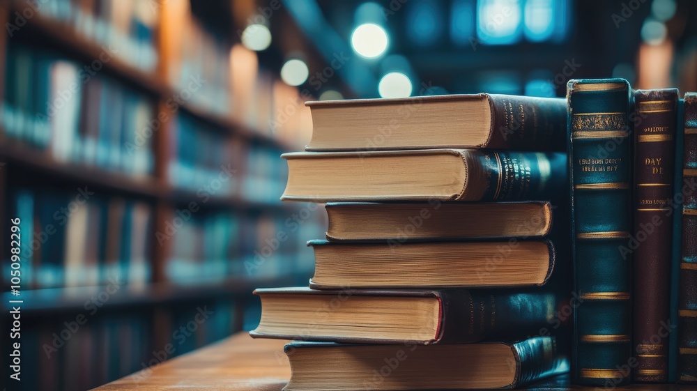 Poster stack of books on library table with shelves in background