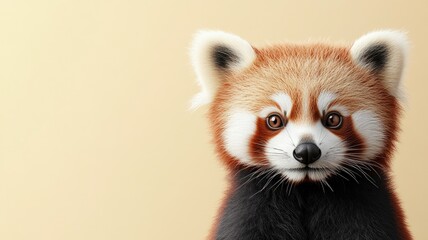 Obraz premium Cute red panda with white markings, fluffy fur, and curious eyes against beige background