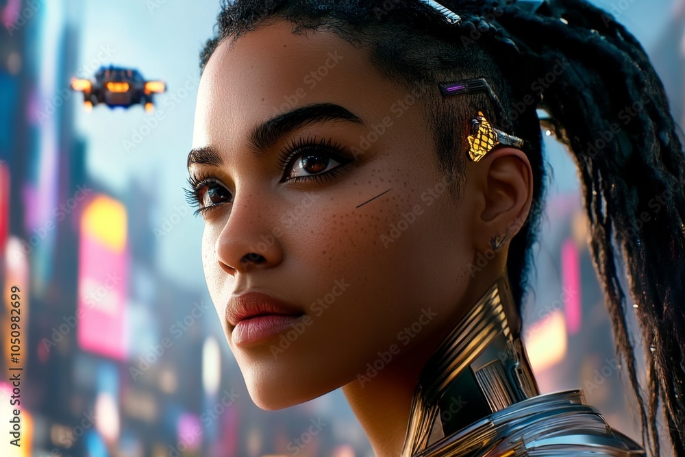 Aufkleber a cyberpunk character taking a deep breath of fresh air in a neon-lit city, standing on a rooftop wi