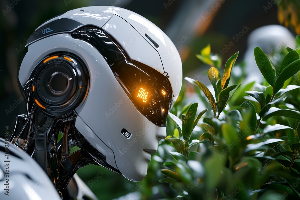 Poster a digital 3d scene of a robot taking a deep breath of clean air in a futuristic garden, surrounded b
