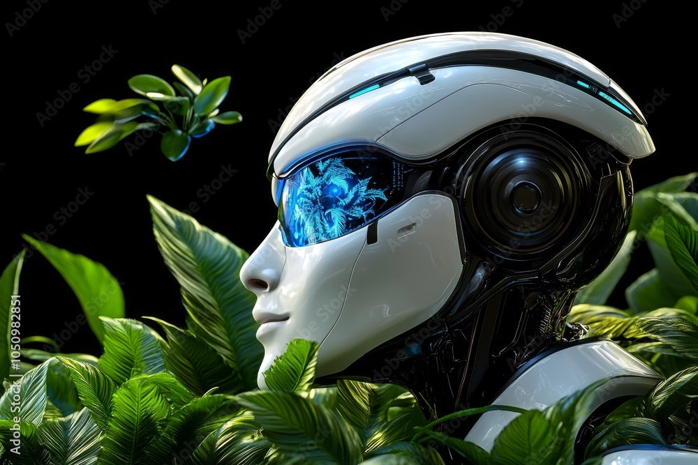 Aufkleber A digital 3D scene of a robot taking a deep breath of clean air in a futuristic garden, surrounded by sleek architecture and floating holographic plants