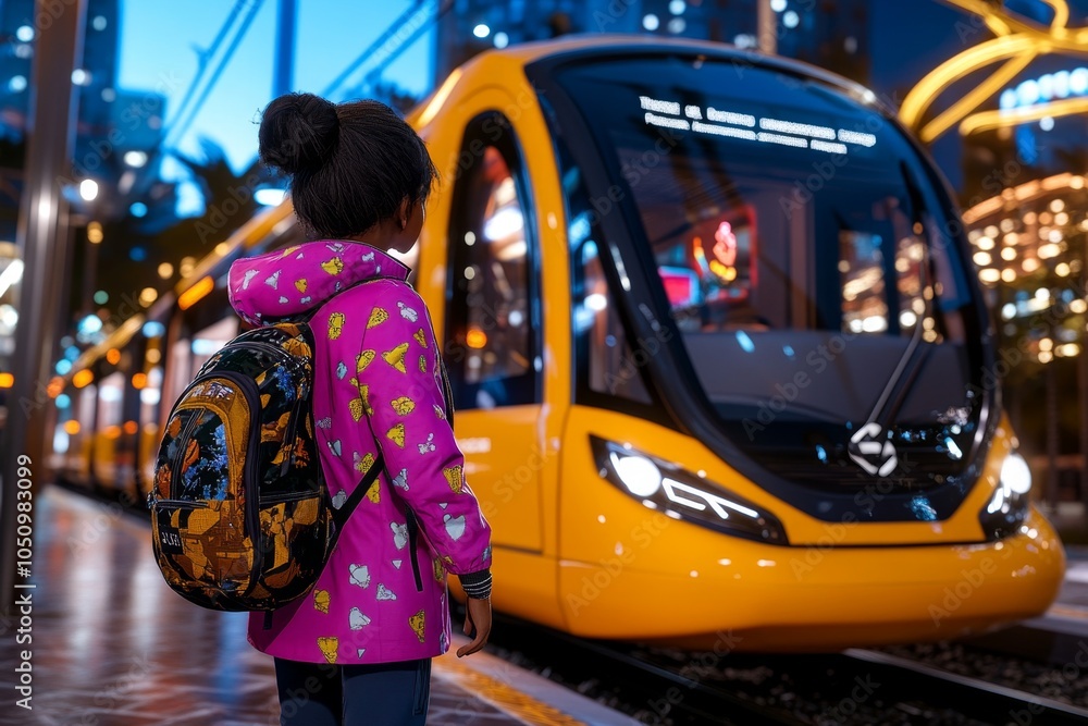 Poster a futuristic character taking a chance in a neon-lit city, stepping onto a high-speed hover train as